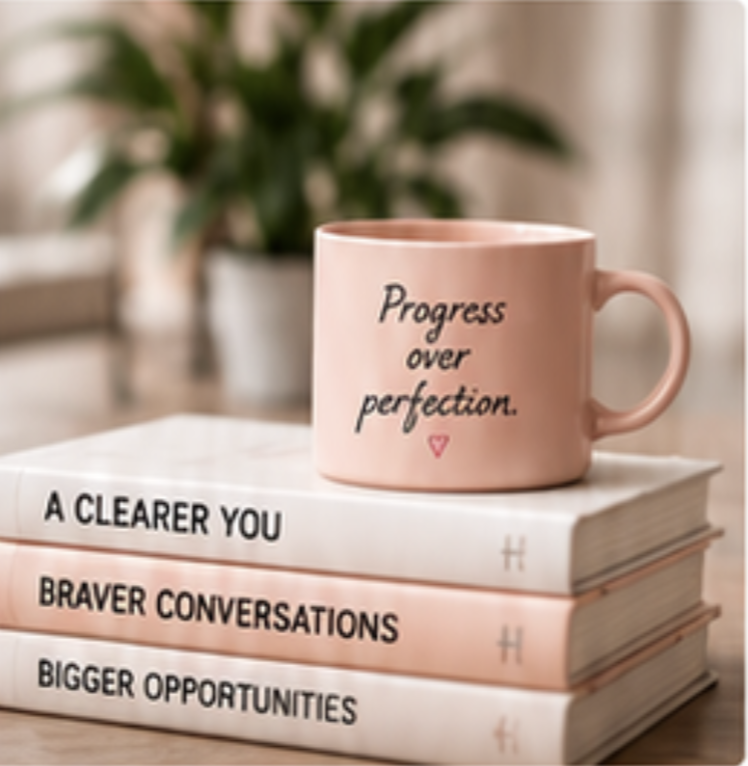 Progress over perfection mug on stacked books